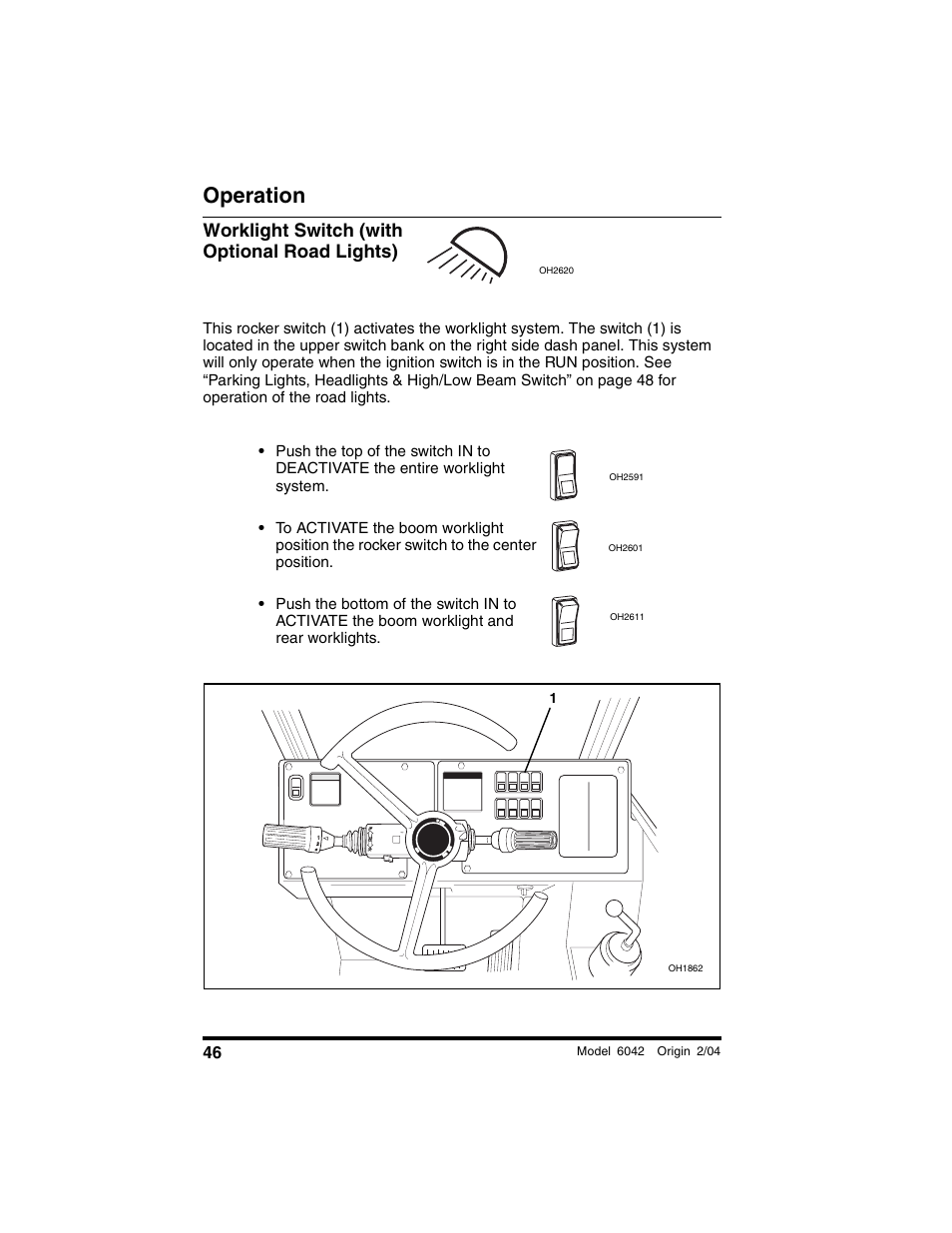 Worklight switch (with optional road lights), Operation | SkyTrak 6042 Operation Manual User Manual | Page 48 / 196