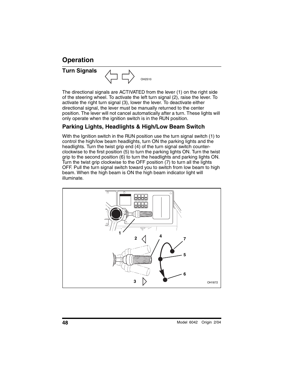 Turn signals, Parking lights, headlights & high/low beam switch, Operation | SkyTrak 6042 Operation Manual User Manual | Page 50 / 196