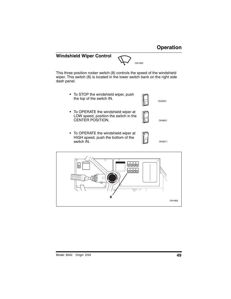Windshield wiper control, Operation | SkyTrak 6042 Operation Manual User Manual | Page 51 / 196