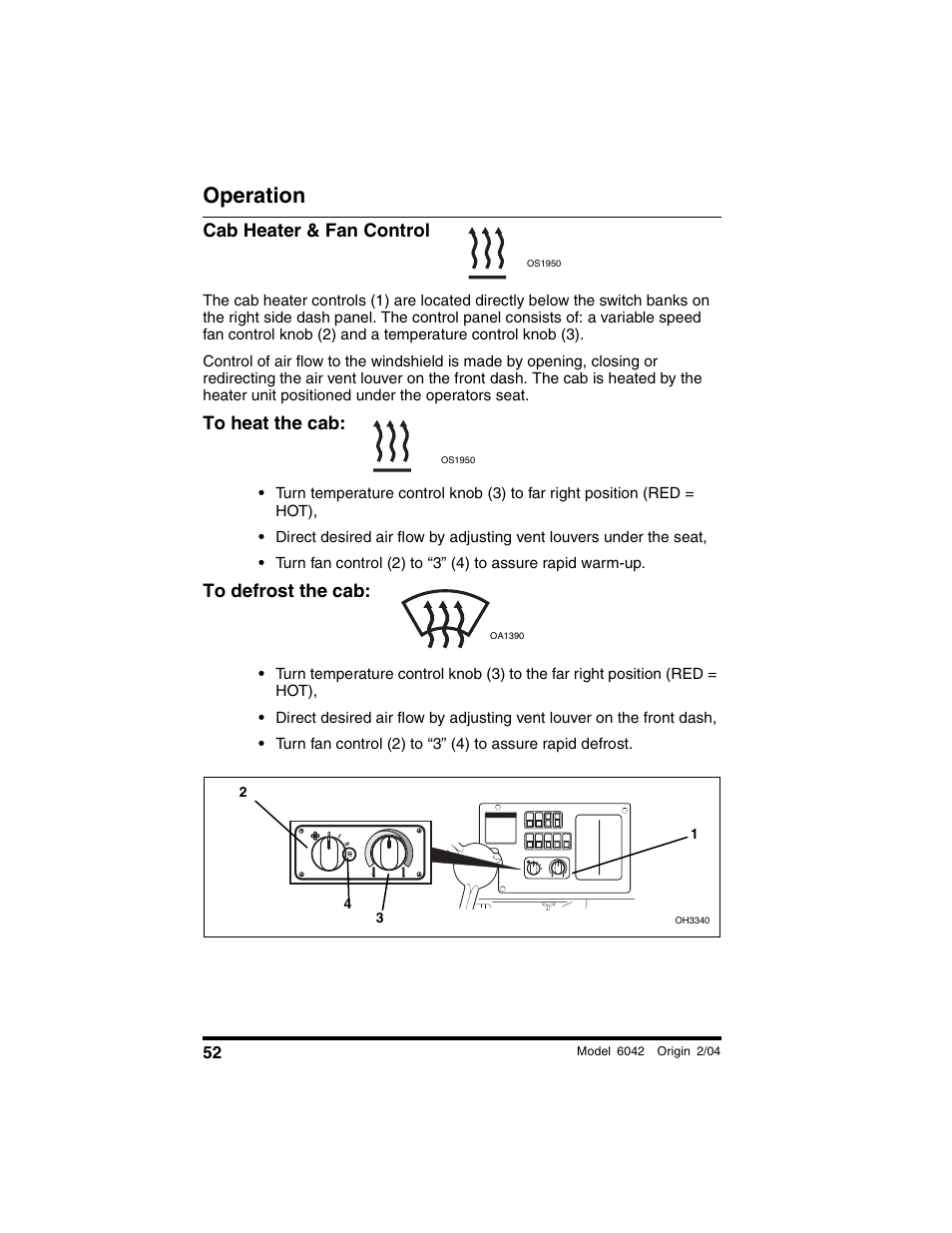 Cab heater & fan control, To heat the cab, To defrost the cab | Operation | SkyTrak 6042 Operation Manual User Manual | Page 54 / 196