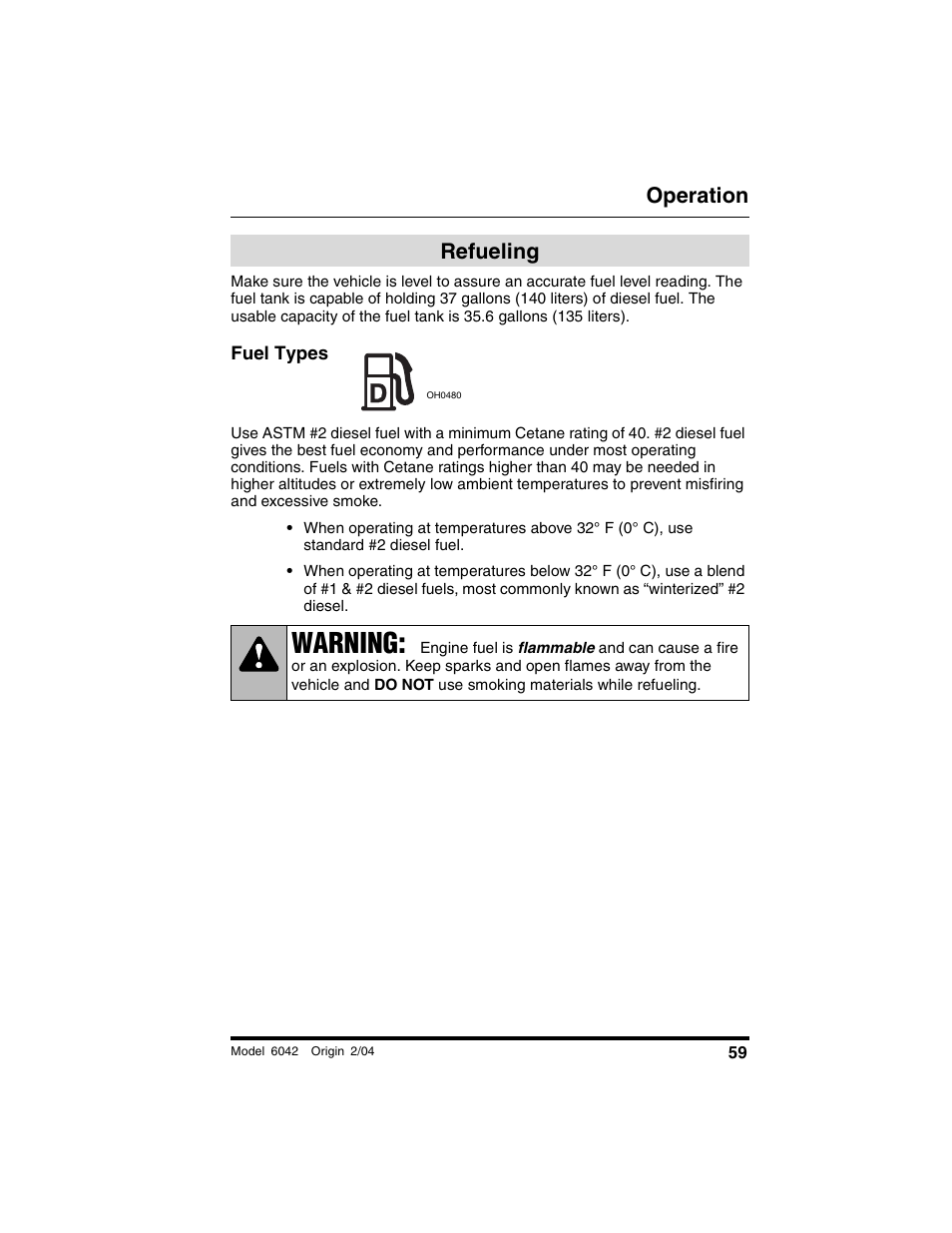 Refueling, Fuel types, Warning | Operation | SkyTrak 6042 Operation Manual User Manual | Page 61 / 196