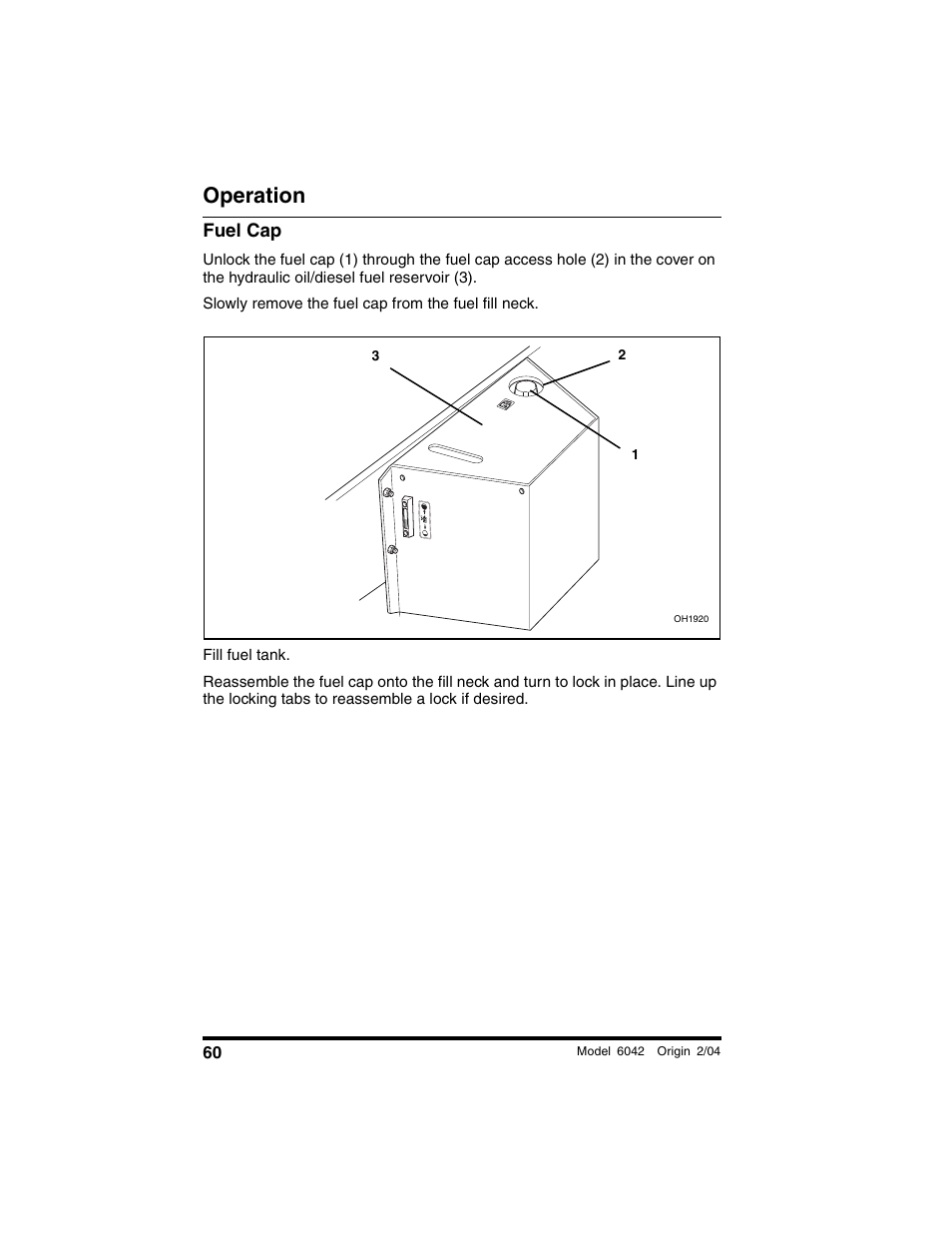 Fuel cap, Operation | SkyTrak 6042 Operation Manual User Manual | Page 62 / 196