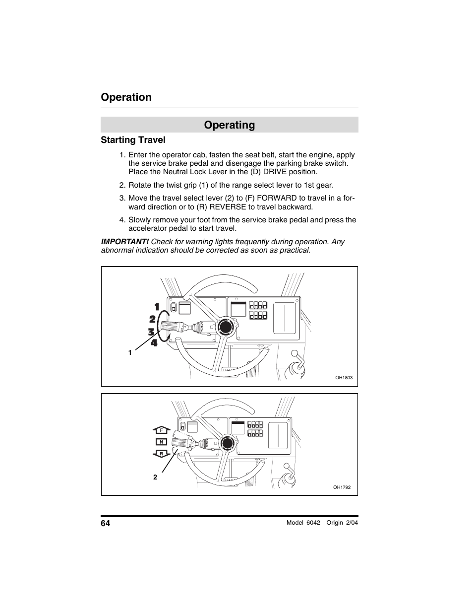 Operating, Starting travel, Operation | SkyTrak 6042 Operation Manual User Manual | Page 66 / 196