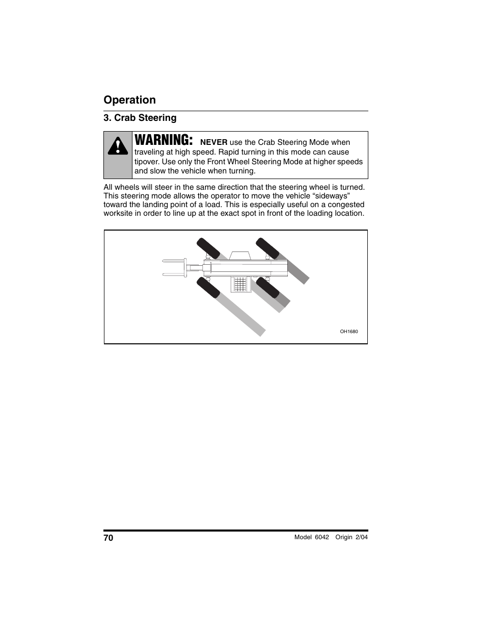 Crab steering, Warning, Operation | SkyTrak 6042 Operation Manual User Manual | Page 72 / 196