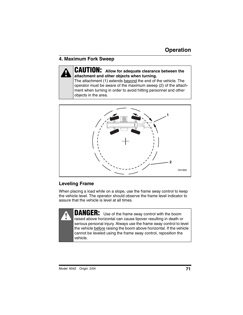 Maximum fork sweep, Leveling frame, Caution | Danger, Operation | SkyTrak 6042 Operation Manual User Manual | Page 73 / 196