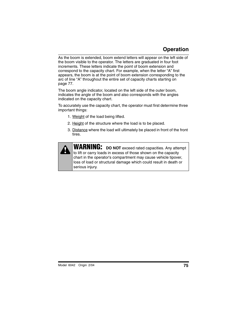 Weight of the load being lifted, Warning, Operation | SkyTrak 6042 Operation Manual User Manual | Page 77 / 196