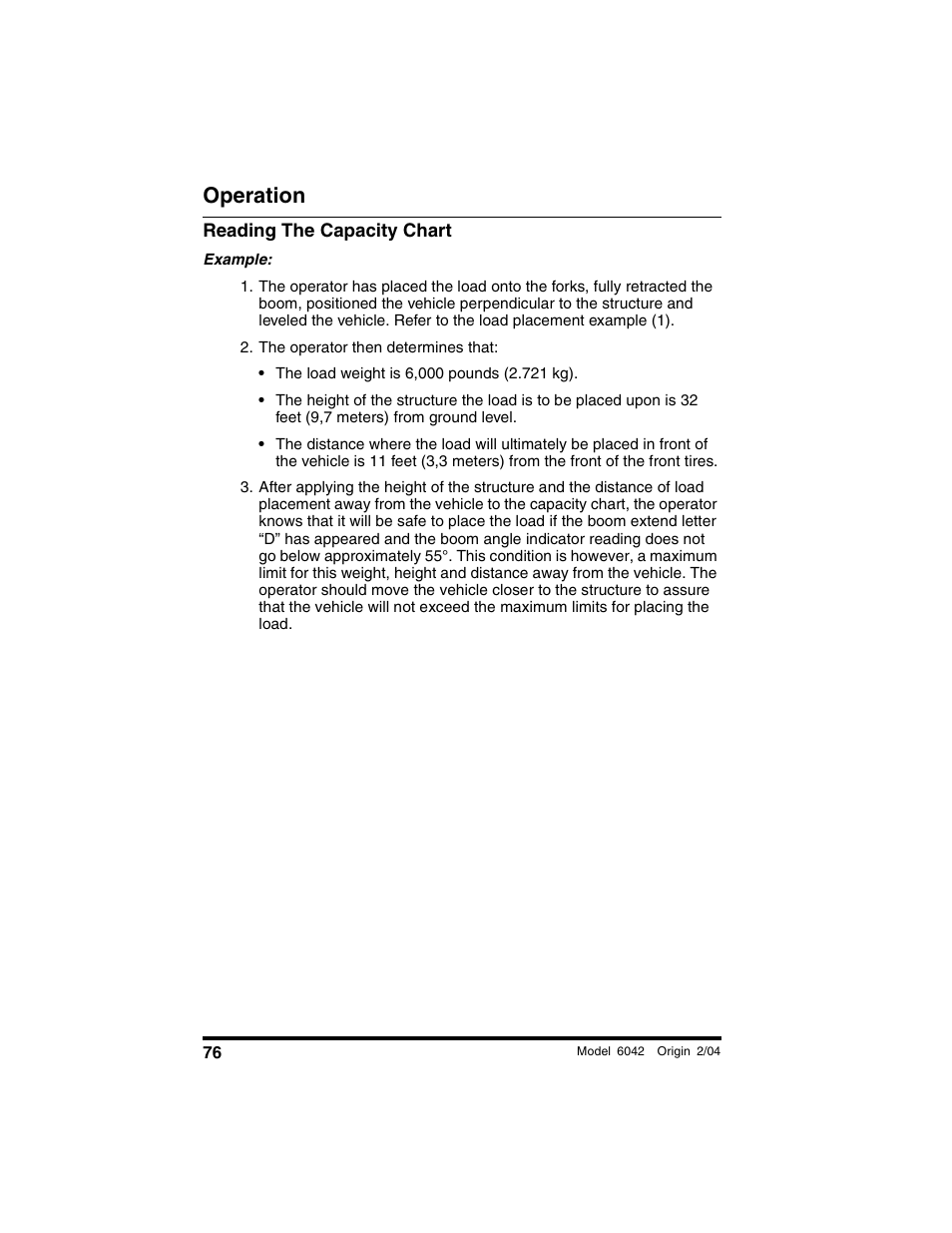 Reading the capacity chart, The operator then determines that, Operation | SkyTrak 6042 Operation Manual User Manual | Page 78 / 196