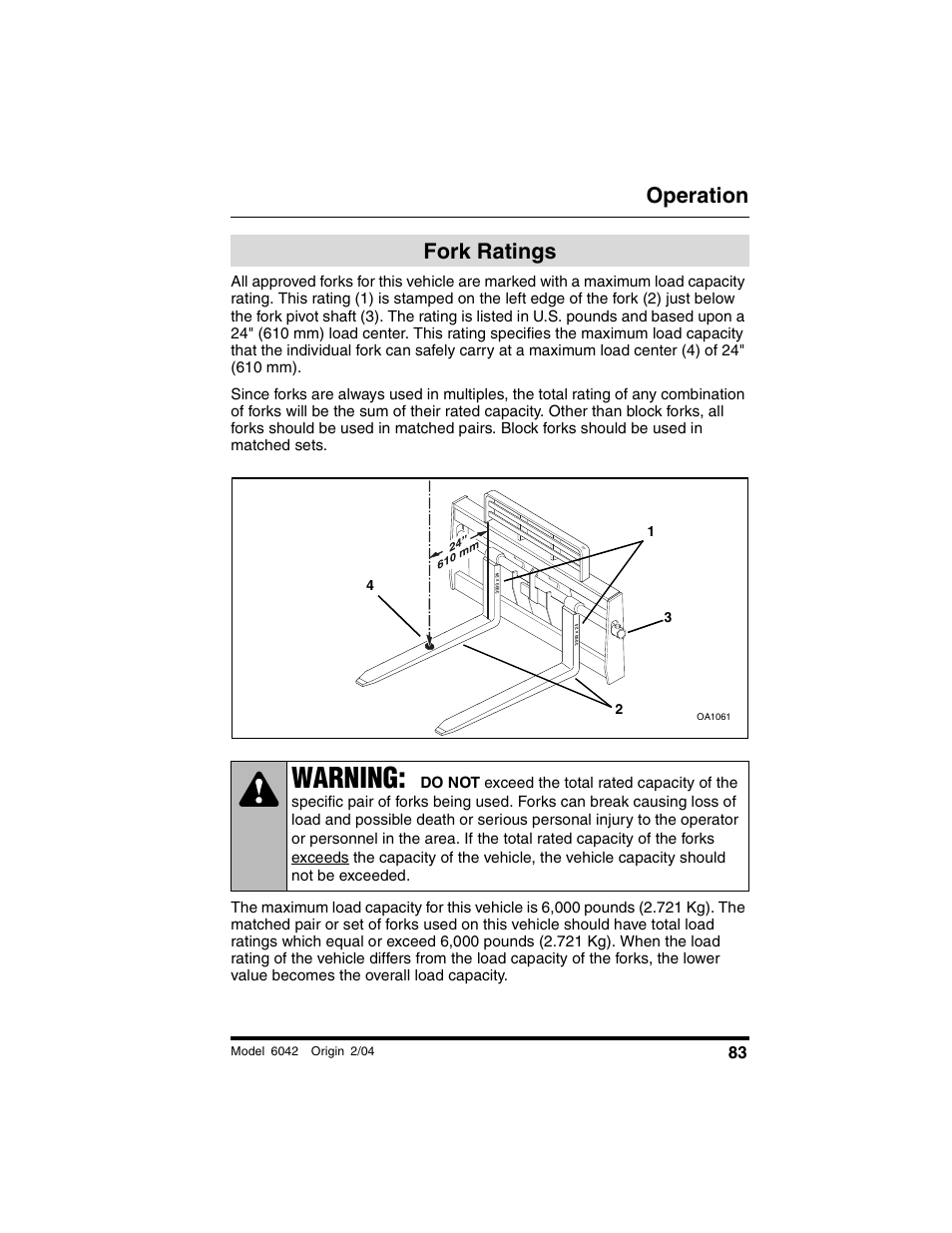 Fork ratings, Warning, Operation | SkyTrak 6042 Operation Manual User Manual | Page 85 / 196
