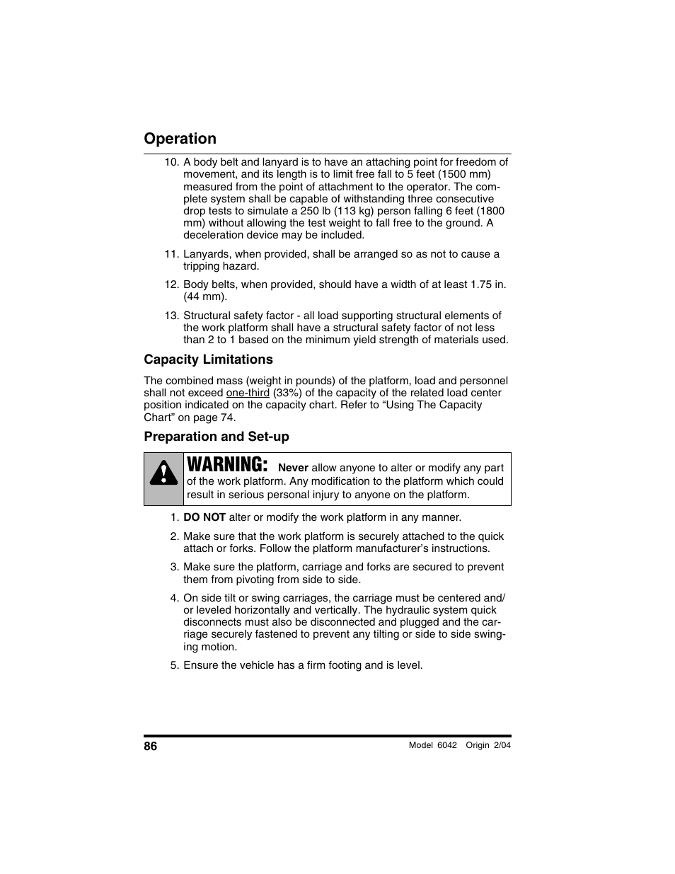 Capacity limitations, Preparation and set-up, Ensure the vehicle has a firm footing and is level | Warning, Operation | SkyTrak 6042 Operation Manual User Manual | Page 88 / 196