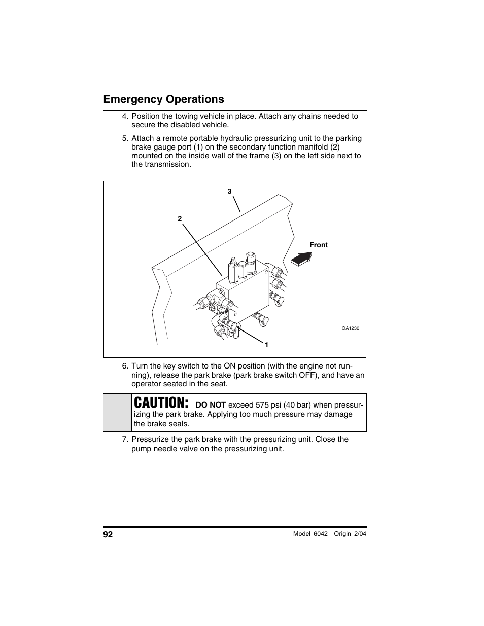 Caution, Emergency operations | SkyTrak 6042 Operation Manual User Manual | Page 94 / 196