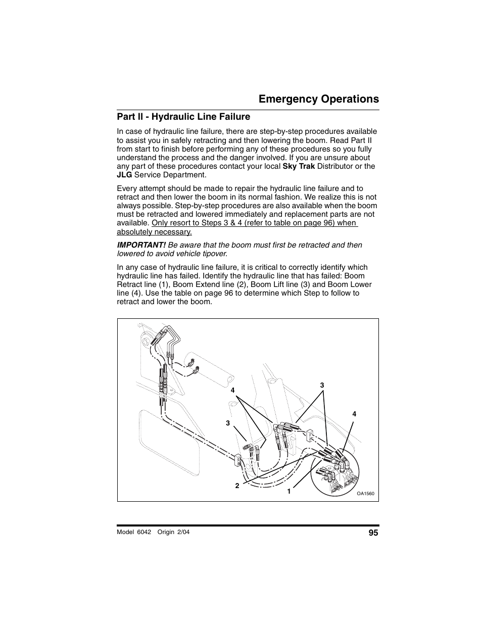 Part ll - hydraulic line failure, Emergency operations | SkyTrak 6042 Operation Manual User Manual | Page 97 / 196