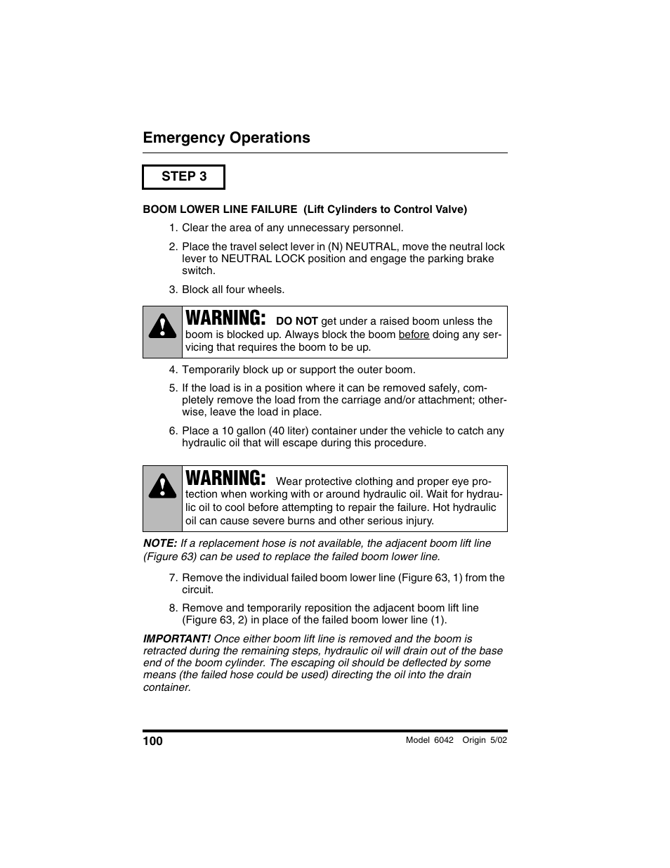Step 3, Clear the area of any unnecessary personnel, Block all four wheels | Temporarily block up or support the outer boom, Warning, Emergency operations | SkyTrak 6042 Operation Manual User Manual | Page 102 / 188