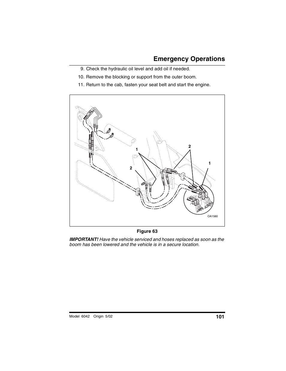Remove the blocking or support from the outer boom, Figure 63, Emergency operations | SkyTrak 6042 Operation Manual User Manual | Page 103 / 188