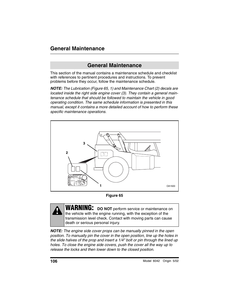 General maintenance, Figure 65, Warning | SkyTrak 6042 Operation Manual User Manual | Page 108 / 188
