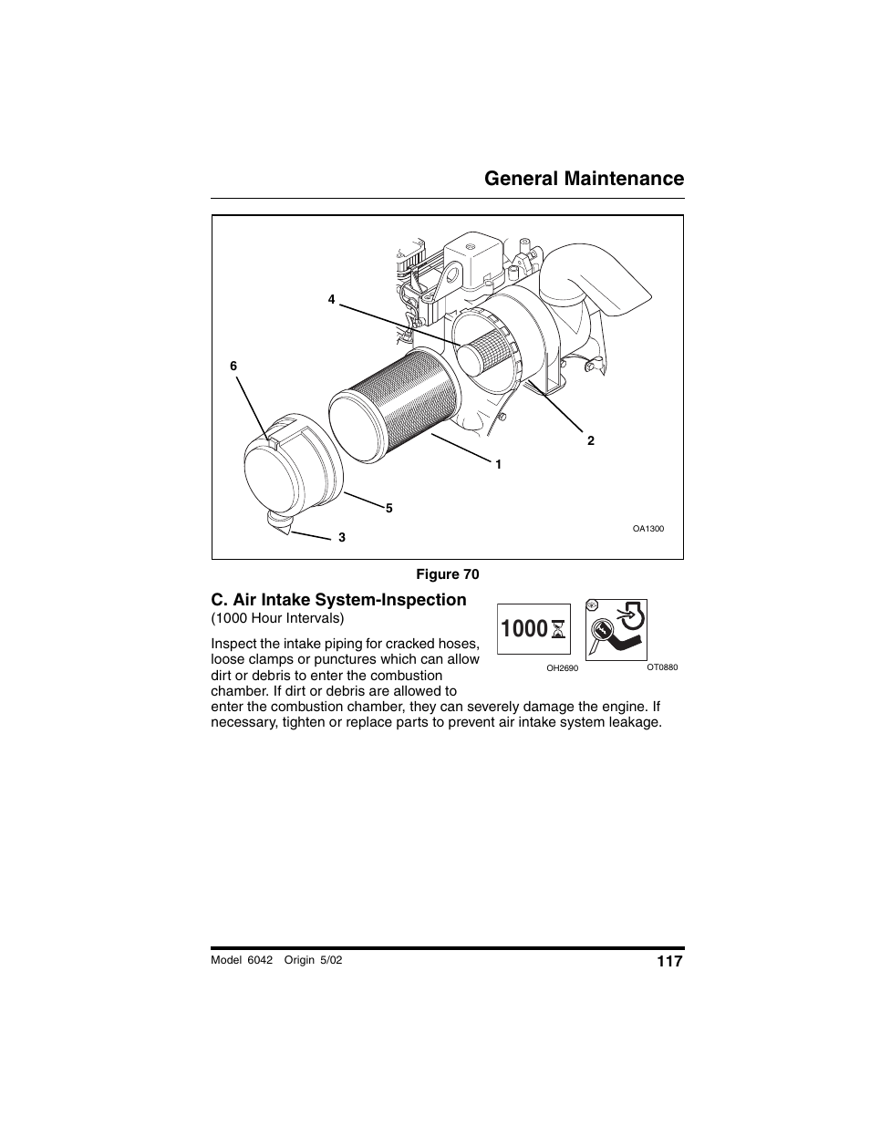 Figure 70, C. air intake system-inspection, 1000 hour intervals) | General maintenance | SkyTrak 6042 Operation Manual User Manual | Page 119 / 188