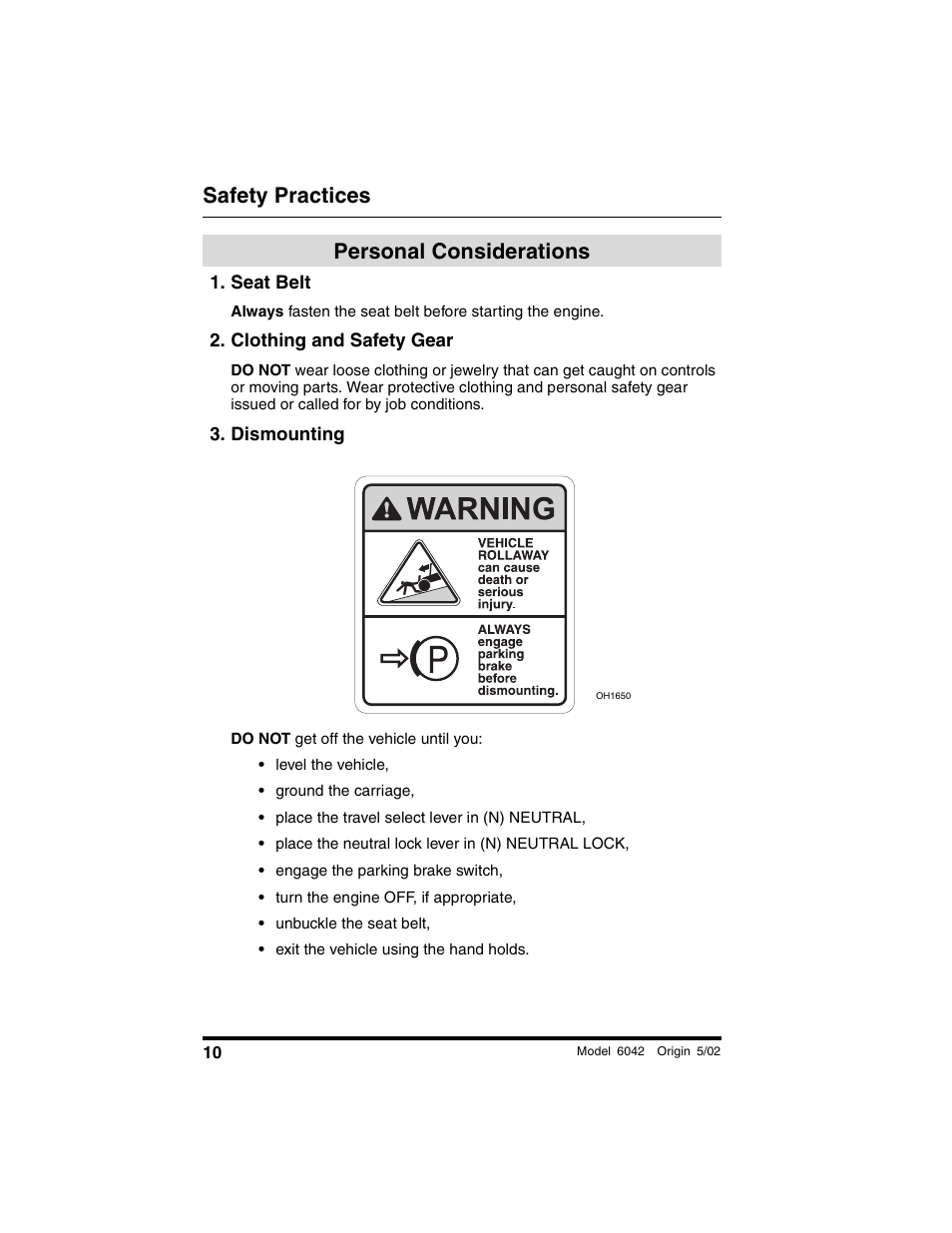 Personal considerations, Seat belt, Clothing and safety gear | Dismounting, Safety practices | SkyTrak 6042 Operation Manual User Manual | Page 12 / 188