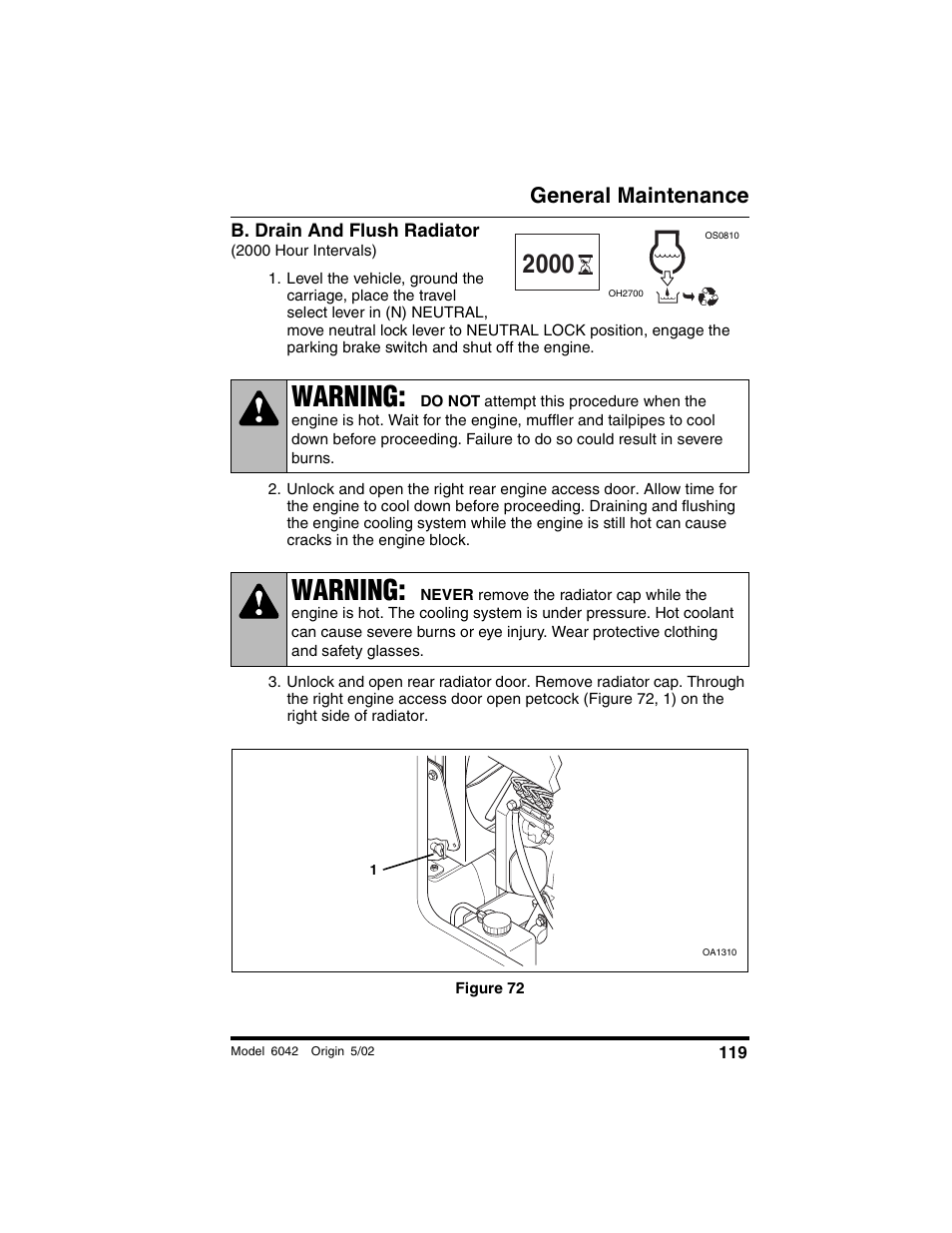 B. drain and flush radiator, 2000 hour intervals), Figure 72 | Warning, General maintenance | SkyTrak 6042 Operation Manual User Manual | Page 121 / 188