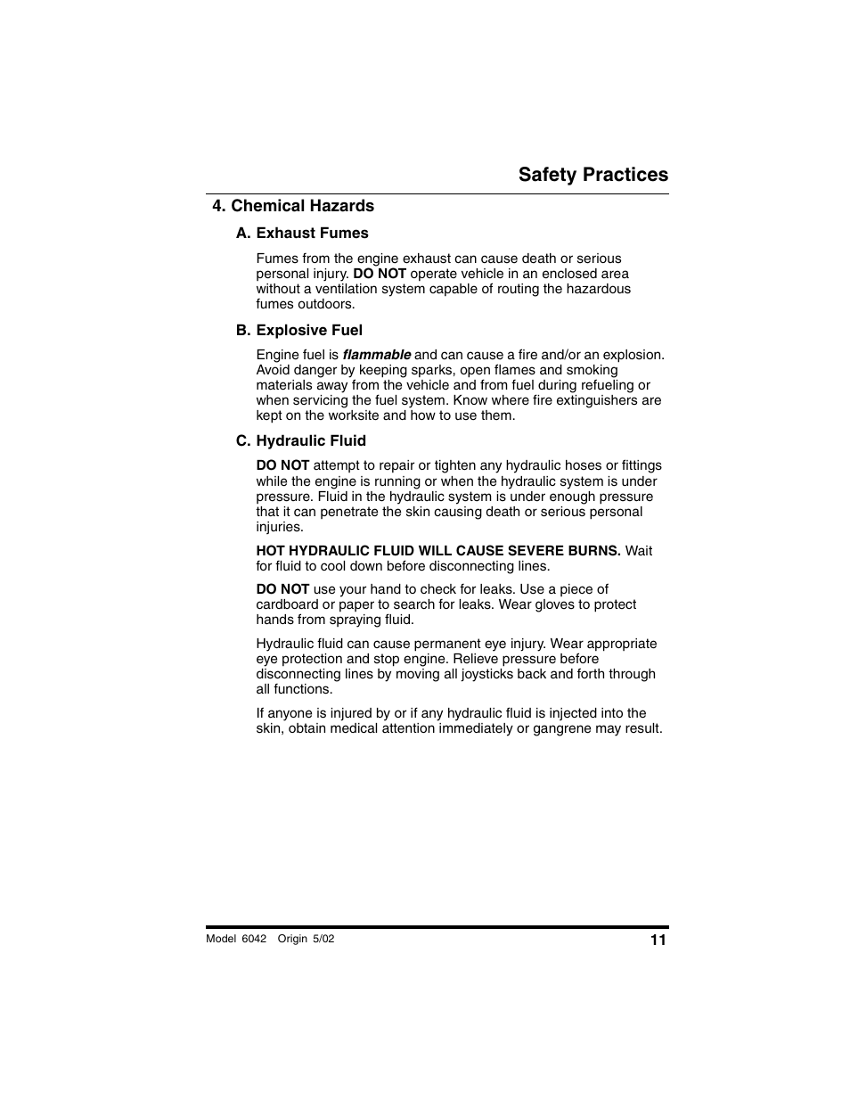 Chemical hazards, A. exhaust fumes, B. explosive fuel | C. hydraulic fluid, Safety practices | SkyTrak 6042 Operation Manual User Manual | Page 13 / 188