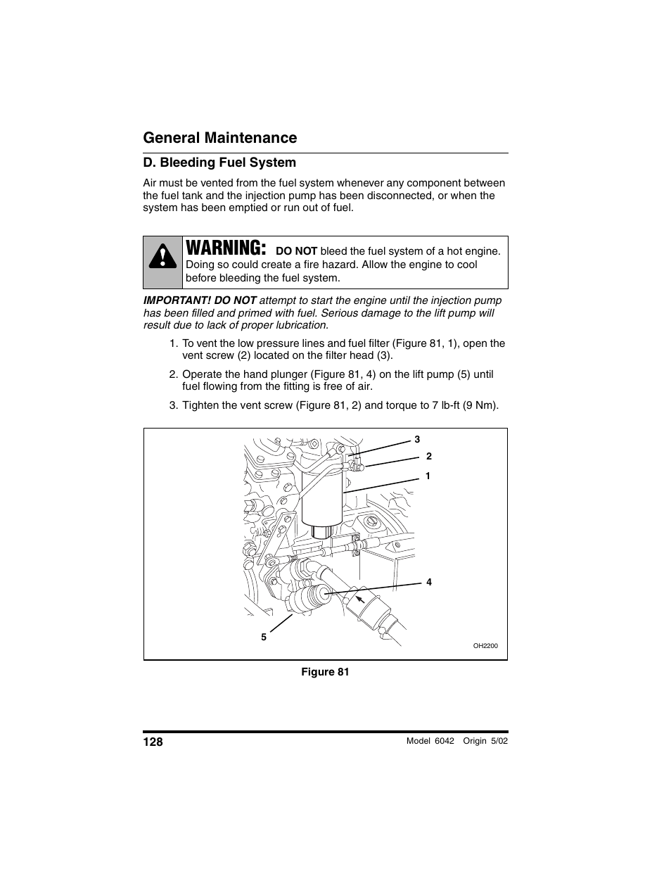 D. bleeding fuel system, Figure 81, Warning | General maintenance | SkyTrak 6042 Operation Manual User Manual | Page 130 / 188