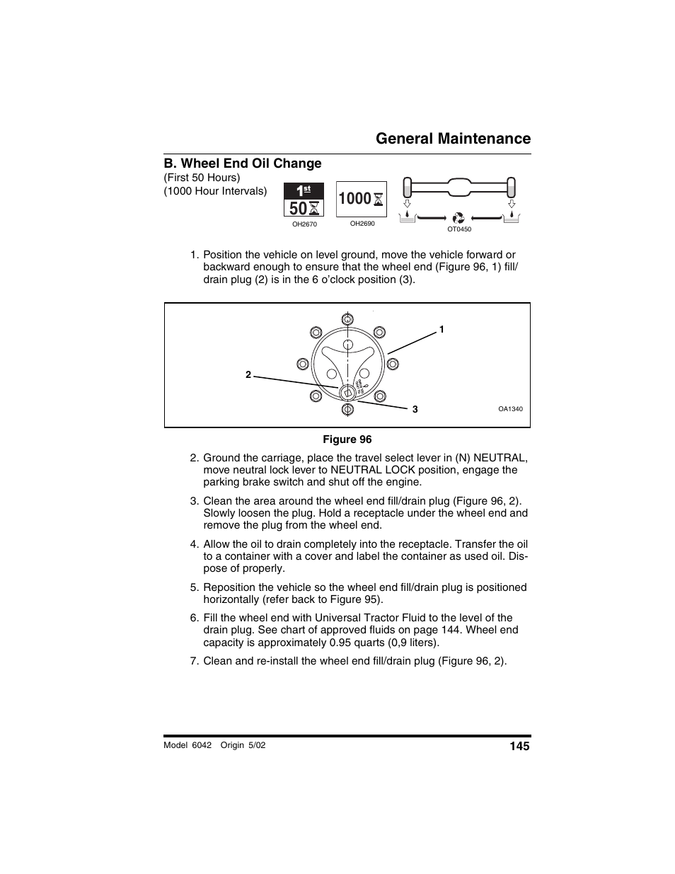 B. wheel end oil change, First 50 hours) (1000 hour intervals), Figure 96 | General maintenance | SkyTrak 6042 Operation Manual User Manual | Page 147 / 188