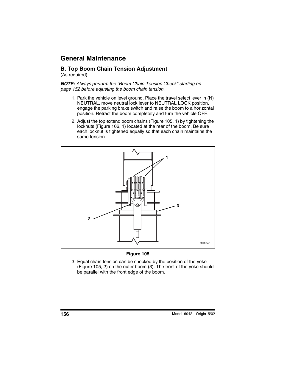 B. top boom chain tension adjustment, As required), Figure 105 | General maintenance | SkyTrak 6042 Operation Manual User Manual | Page 158 / 188
