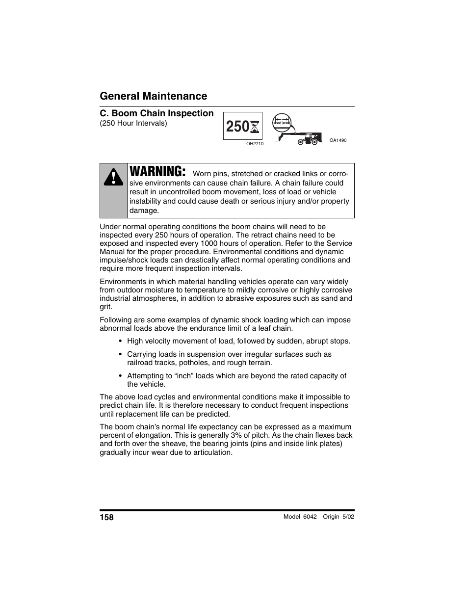 C. boom chain inspection, 250 hour intervals), Warning | General maintenance | SkyTrak 6042 Operation Manual User Manual | Page 160 / 188
