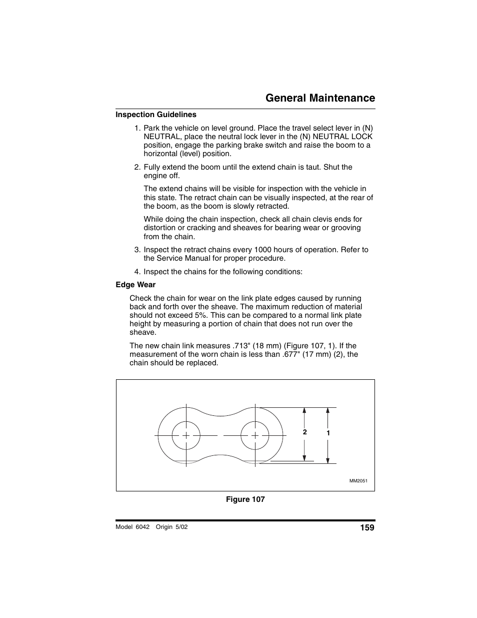 Inspect the chains for the following conditions, Figure 107, General maintenance | SkyTrak 6042 Operation Manual User Manual | Page 161 / 188