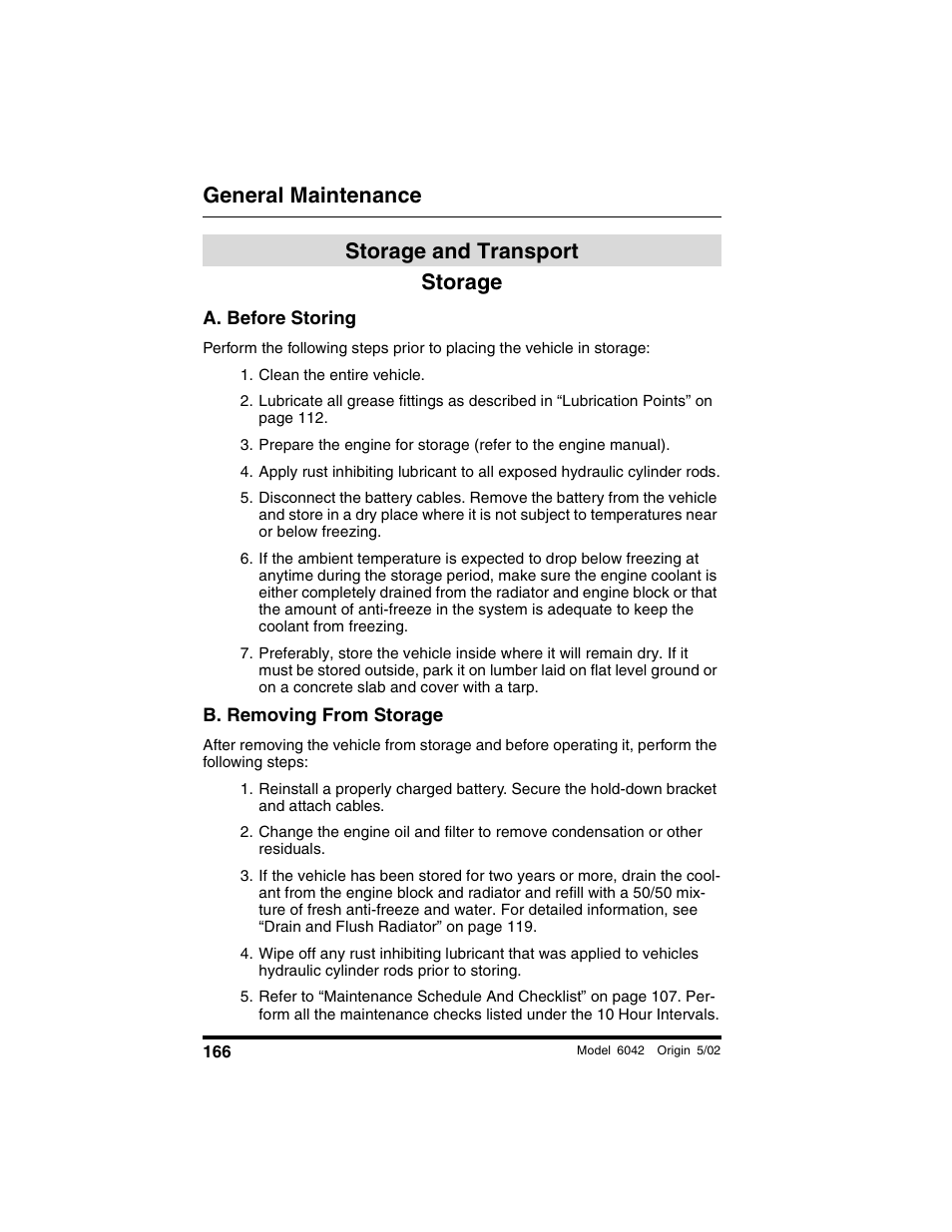 Storage and transport, Storage, A. before storing | Clean the entire vehicle, B. removing from storage, Storage and transport storage, General maintenance storage | SkyTrak 6042 Operation Manual User Manual | Page 168 / 188