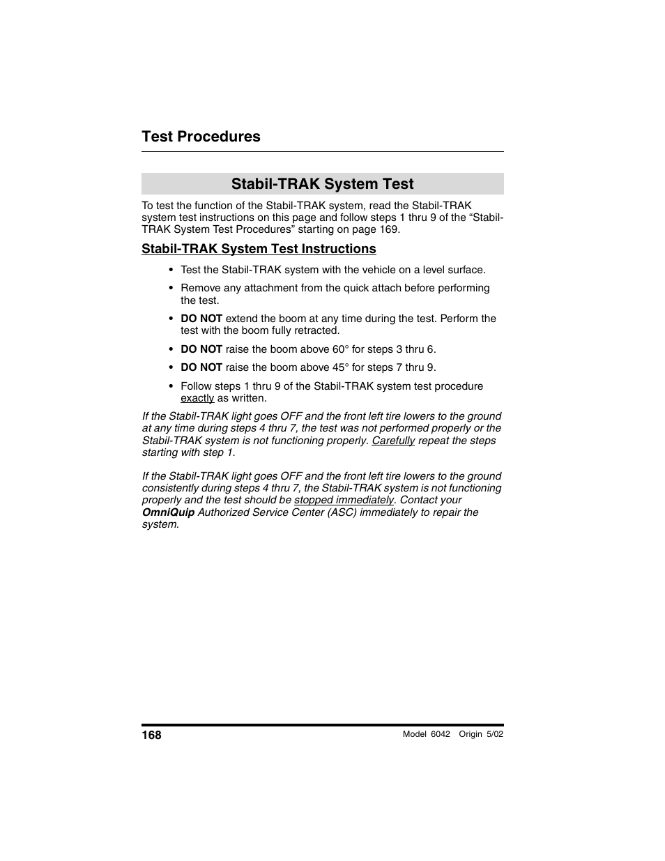 Test procedures, Stabil-trak system test, Stabil-trak system test instructions | SkyTrak 6042 Operation Manual User Manual | Page 170 / 188