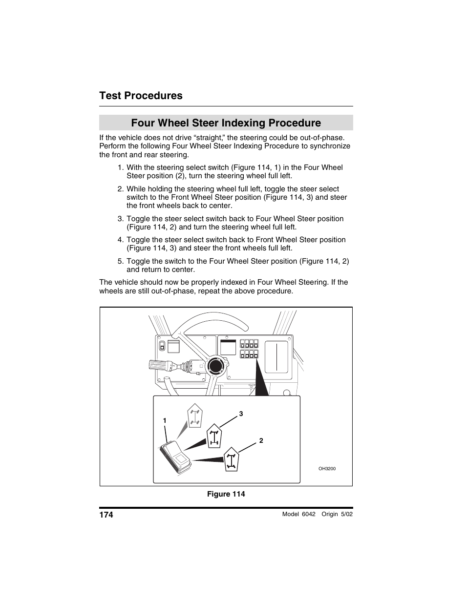 Four wheel steer indexing procedure, Figure 114, Four wheel steer indexing | Procedure, Test procedures | SkyTrak 6042 Operation Manual User Manual | Page 176 / 188