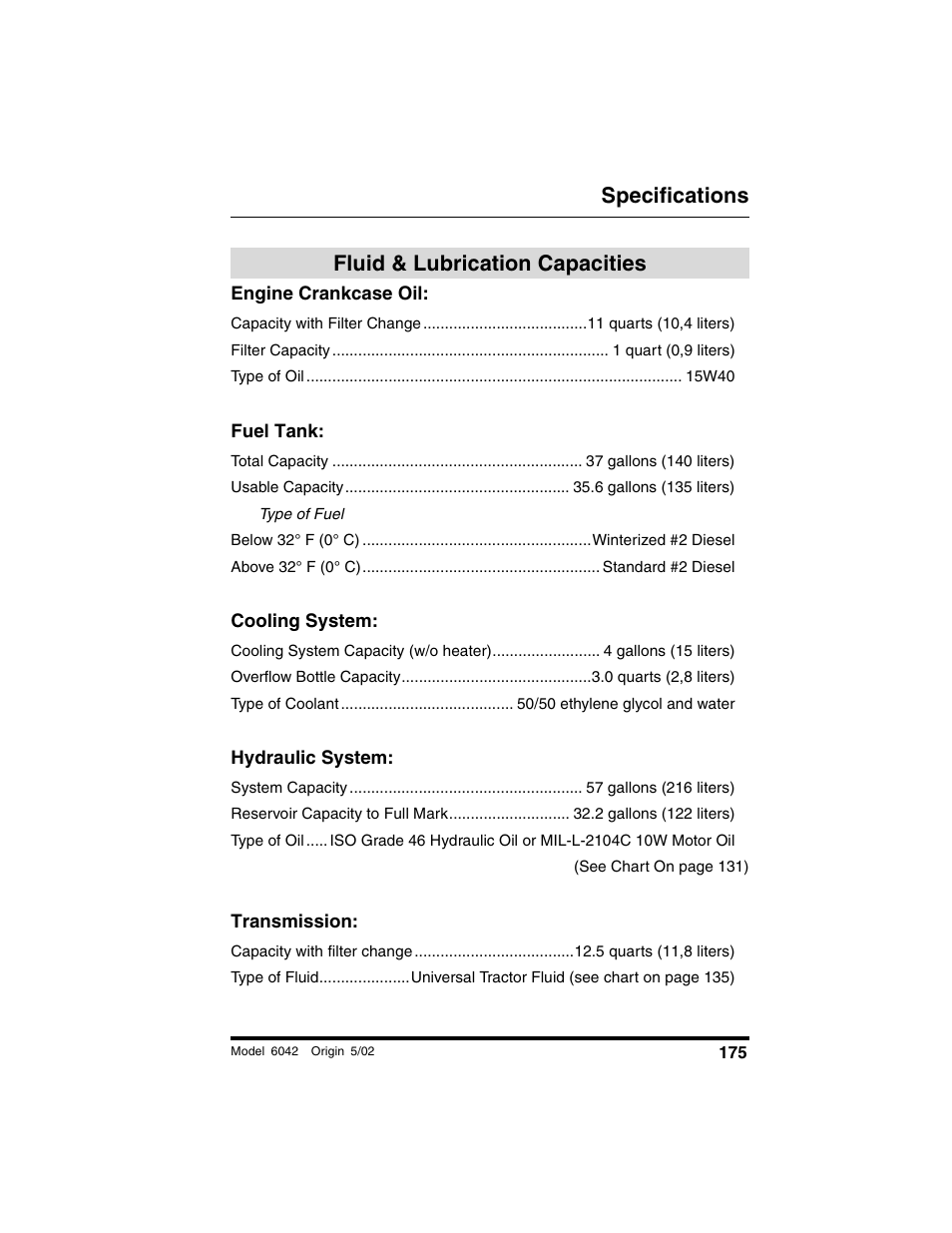 Specifications, Fluid & lubrication capacities, Engine crankcase oil | Fuel tank, Cooling system, Hydraulic system, Transmission | SkyTrak 6042 Operation Manual User Manual | Page 177 / 188