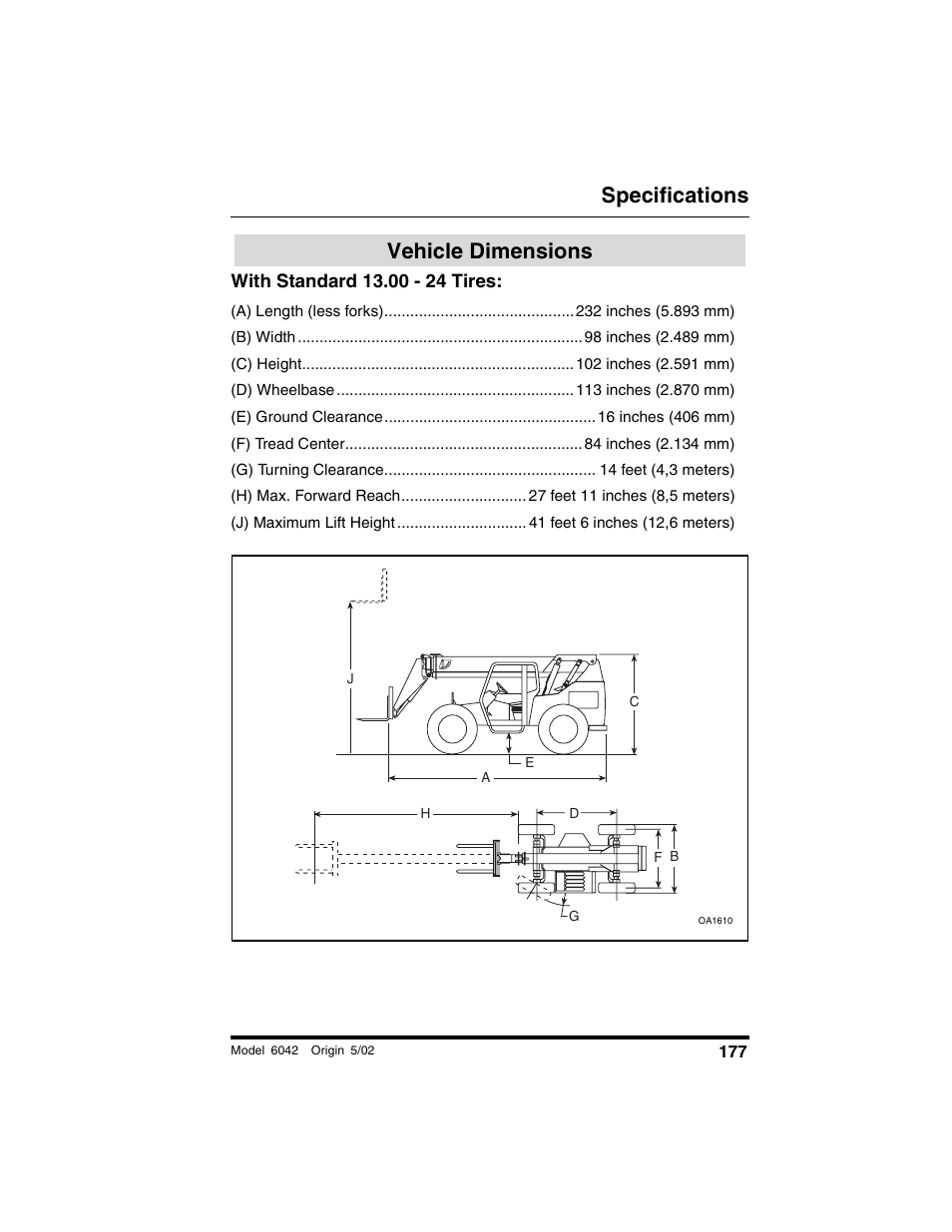 Vehicle dimensions, With standard 13.00 - 24 tires, Specifications | SkyTrak 6042 Operation Manual User Manual | Page 179 / 188