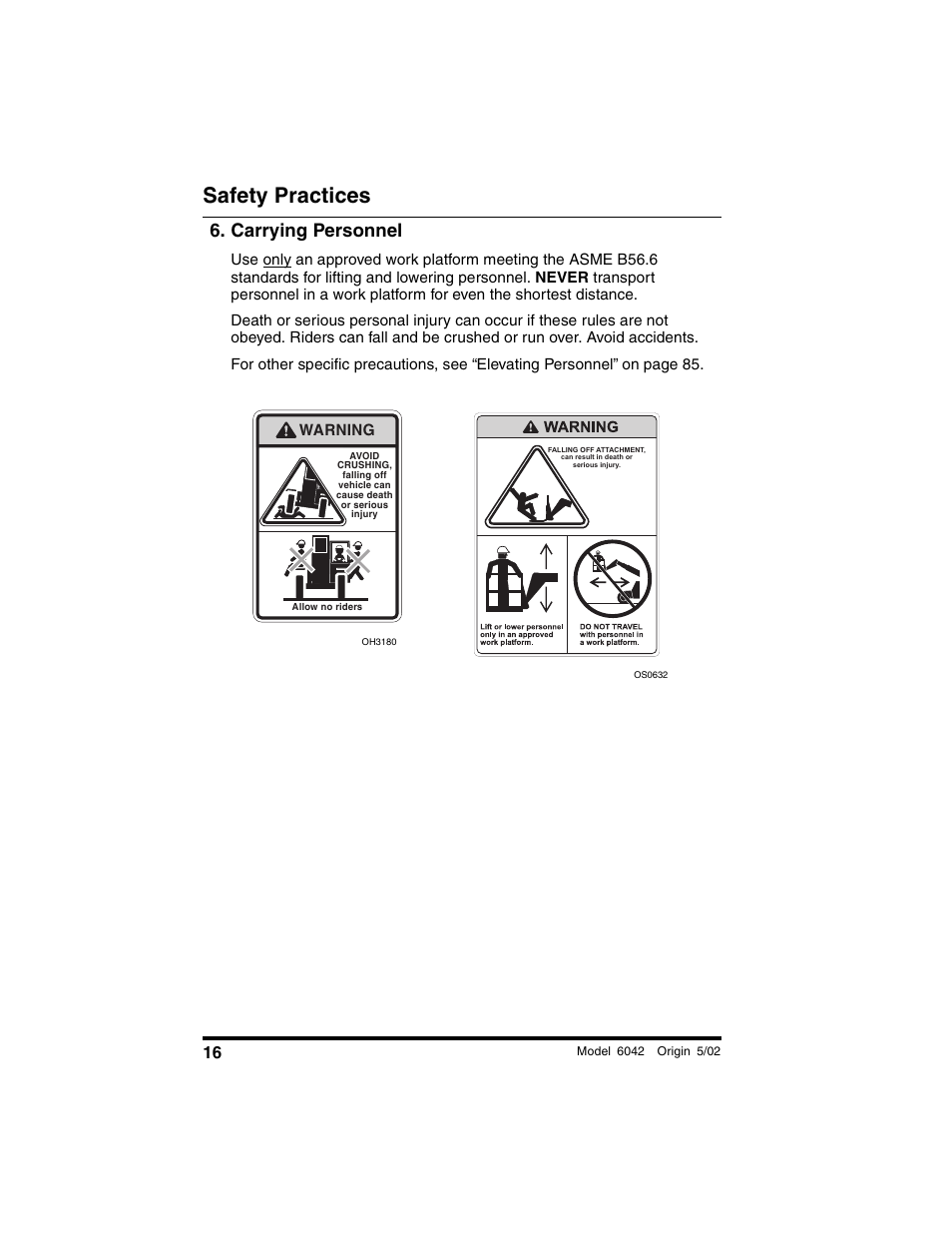 Carrying personnel, Safety practices | SkyTrak 6042 Operation Manual User Manual | Page 18 / 188