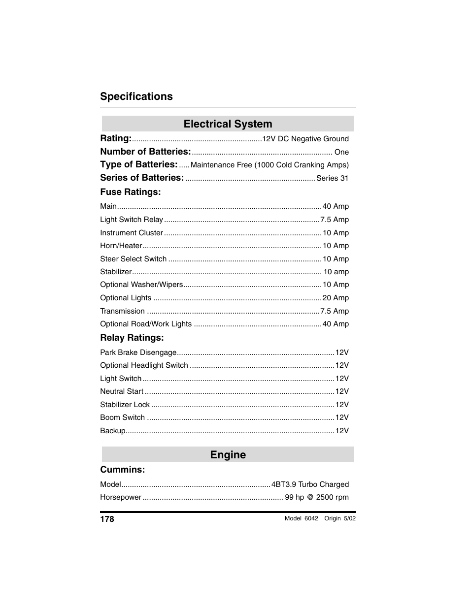 Electrical system, Fuse ratings, Relay ratings | Engine, Cummins, Electrical system engine, Specifications | SkyTrak 6042 Operation Manual User Manual | Page 180 / 188