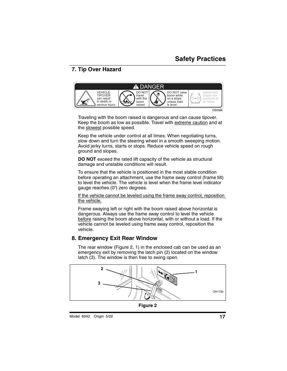 Tip over hazard, Emergency exit rear window, Figure 2 | Safety practices, Danger | SkyTrak 6042 Operation Manual User Manual | Page 19 / 188