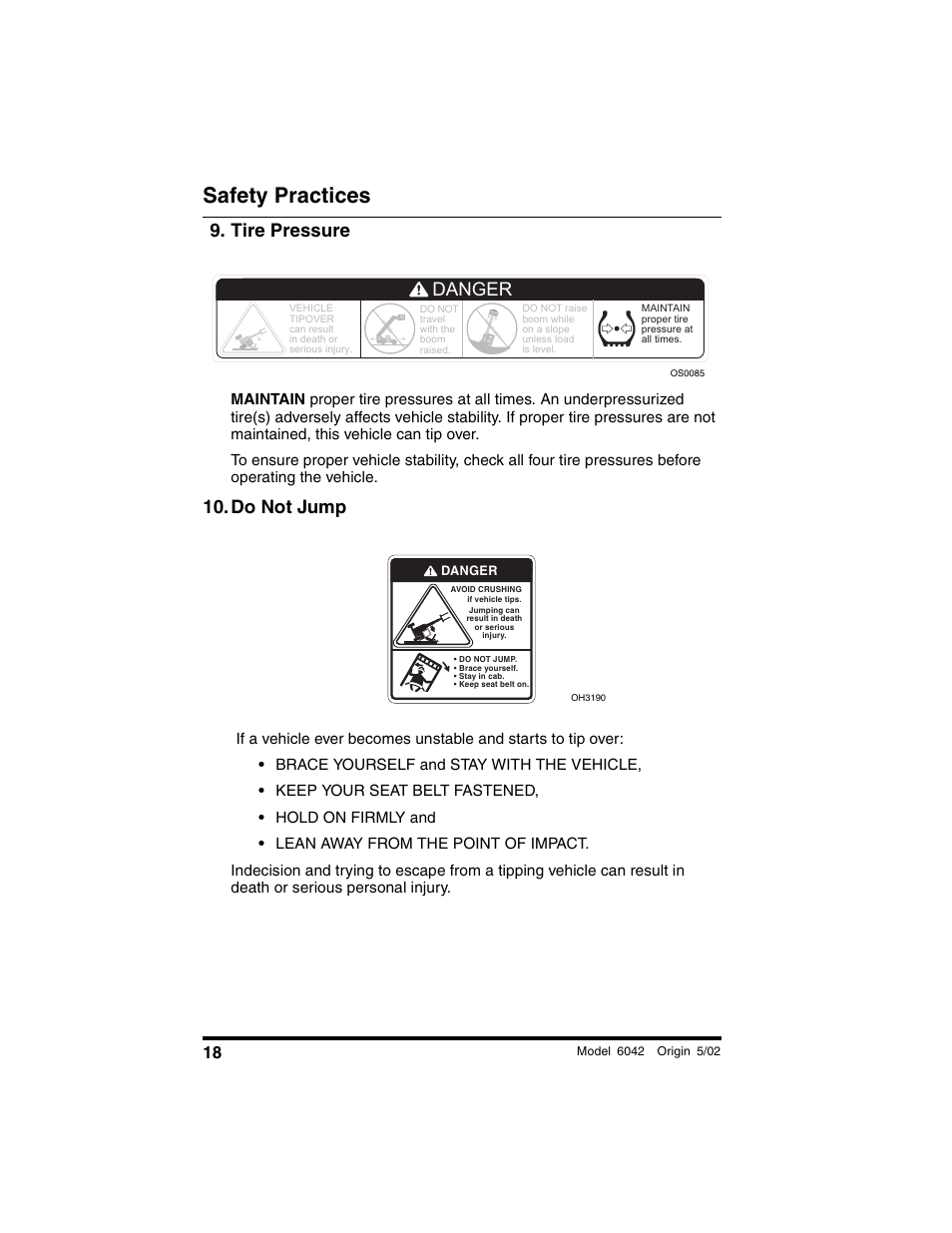 Tire pressure, Do not jump, Safety practices | Danger | SkyTrak 6042 Operation Manual User Manual | Page 20 / 188
