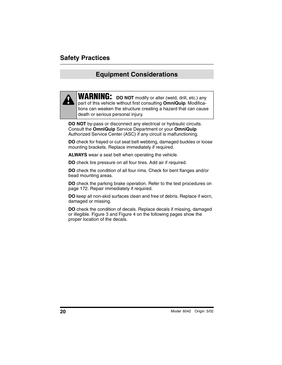 Equipment considerations, Warning, Safety practices | SkyTrak 6042 Operation Manual User Manual | Page 22 / 188