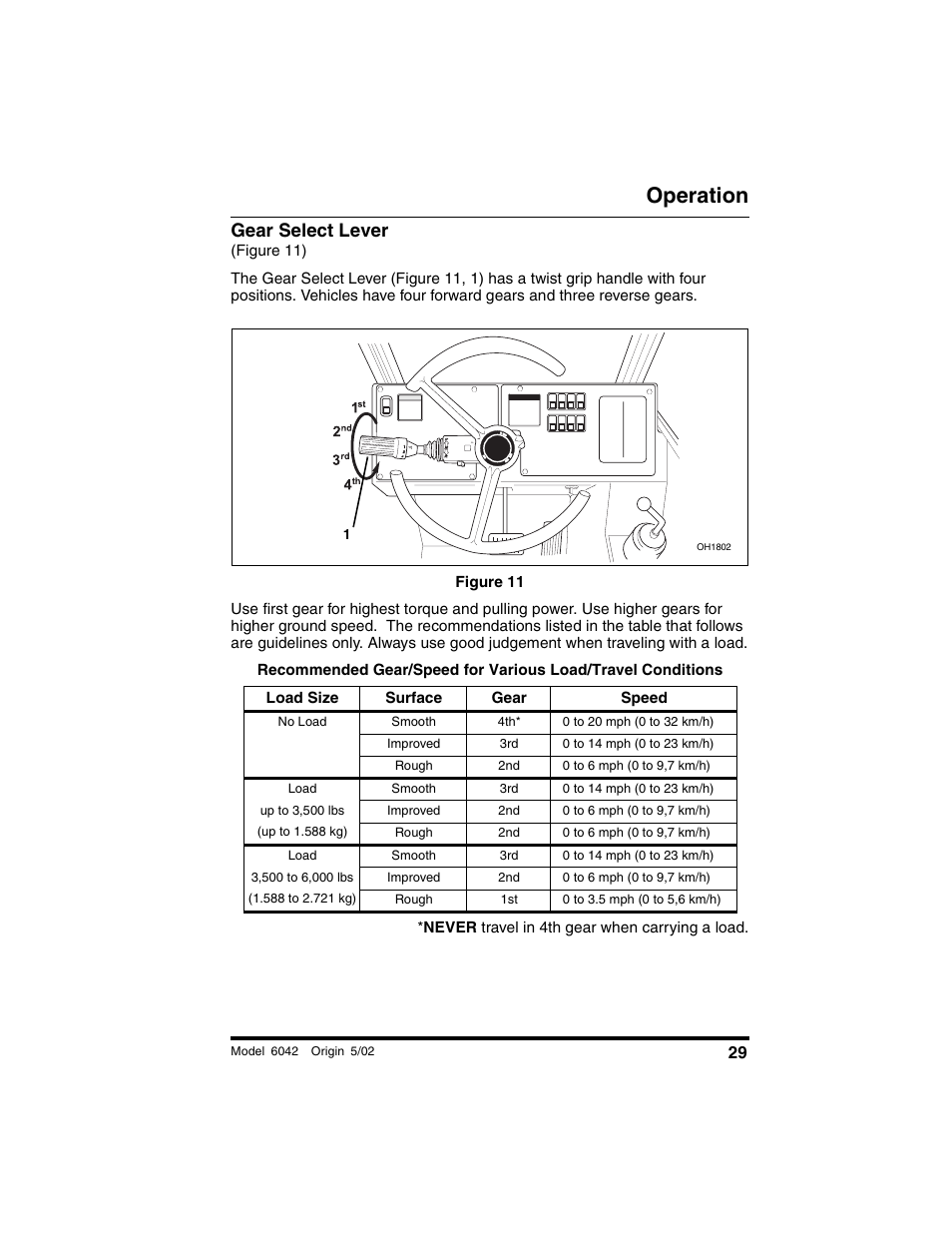 Gear select lever, Figure 11), Figure 11 | Load size, Surface, Gear, Speed, No load, Smooth, 0 to 20 mph (0 to 32 km/h) | SkyTrak 6042 Operation Manual User Manual | Page 31 / 188