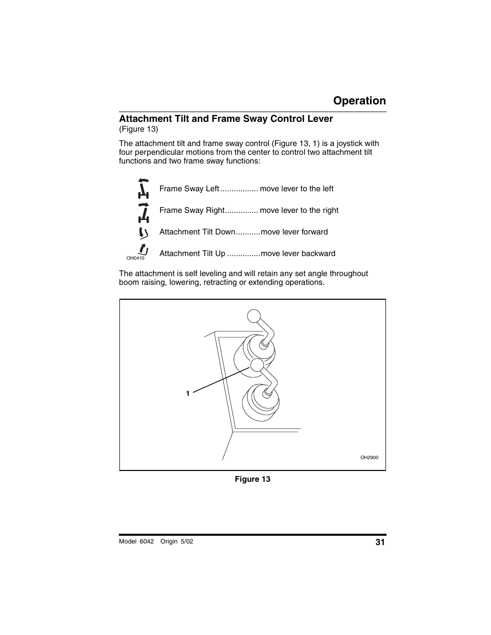 Attachment tilt and frame sway control lever, Figure 13), Figure 13 | Operation | SkyTrak 6042 Operation Manual User Manual | Page 33 / 188