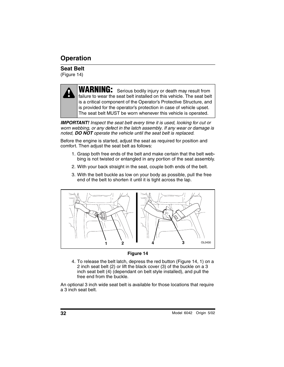 Seat belt, Figure 14), Figure 14 | Warning, Operation | SkyTrak 6042 Operation Manual User Manual | Page 34 / 188