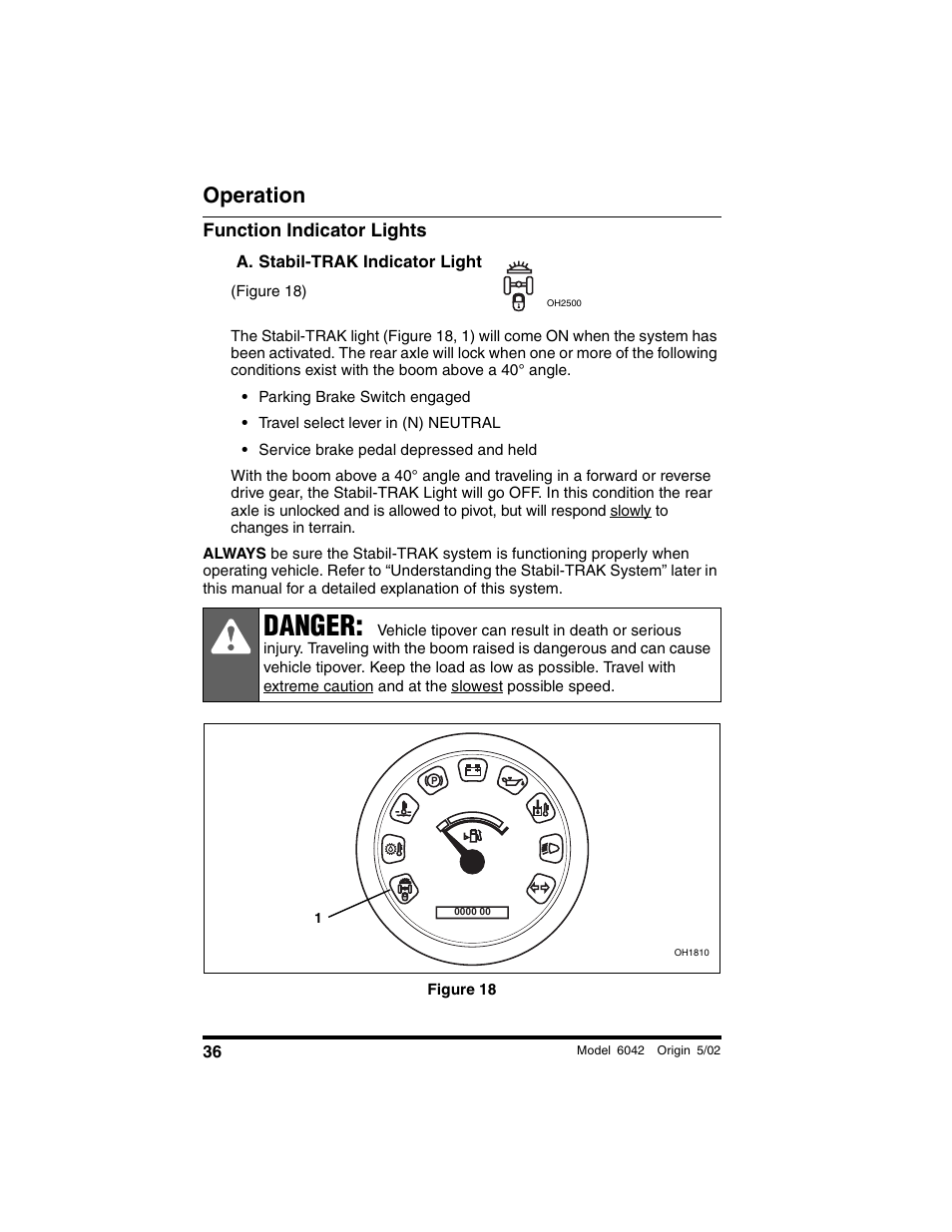 Function indicator lights, A. stabil-trak indicator light, Figure 18 | Danger, Operation | SkyTrak 6042 Operation Manual User Manual | Page 38 / 188