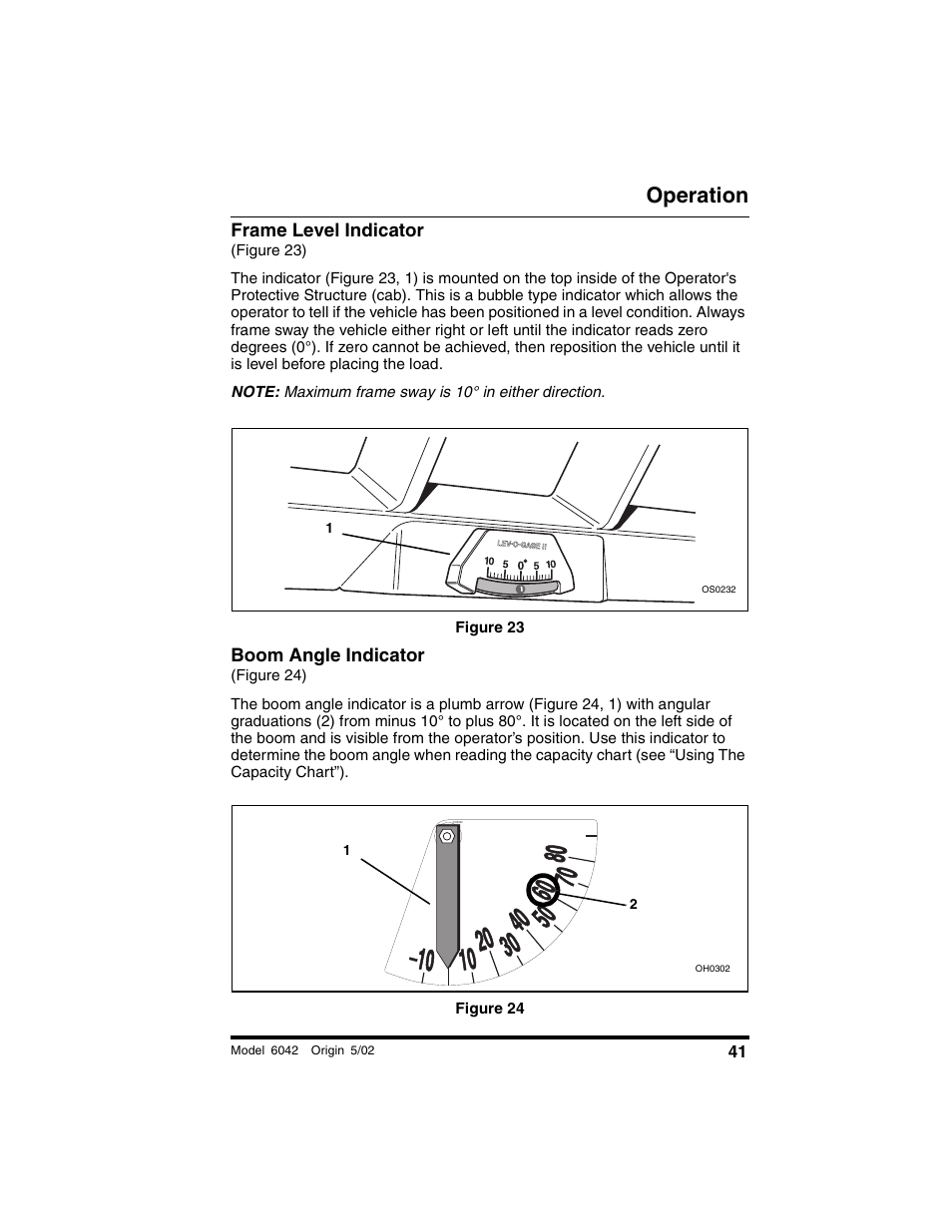 Frame level indicator, Figure 23), Figure 23 | Boom angle indicator, Figure 24), Figure 24, Operation | SkyTrak 6042 Operation Manual User Manual | Page 43 / 188