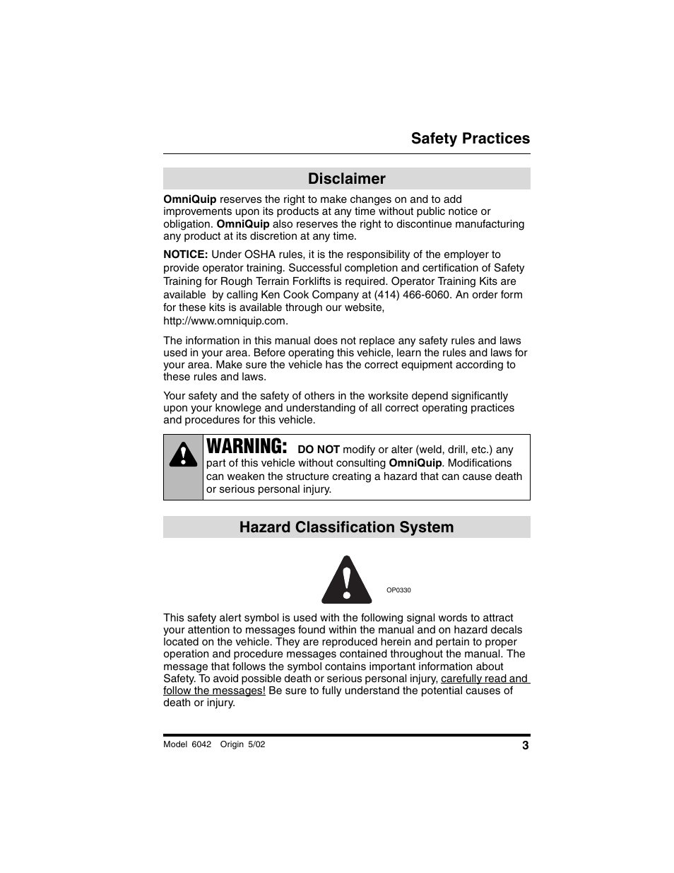 Safety practices, Disclaimer, Hazard classification system | Disclaimer hazard classification system, Warning | SkyTrak 6042 Operation Manual User Manual | Page 5 / 188