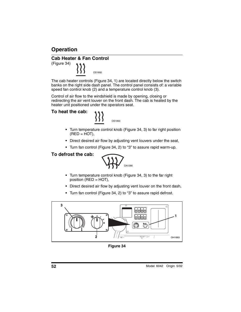 Cab heater & fan control, Figure 34), To heat the cab | To defrost the cab, Figure 34, Operation | SkyTrak 6042 Operation Manual User Manual | Page 54 / 188