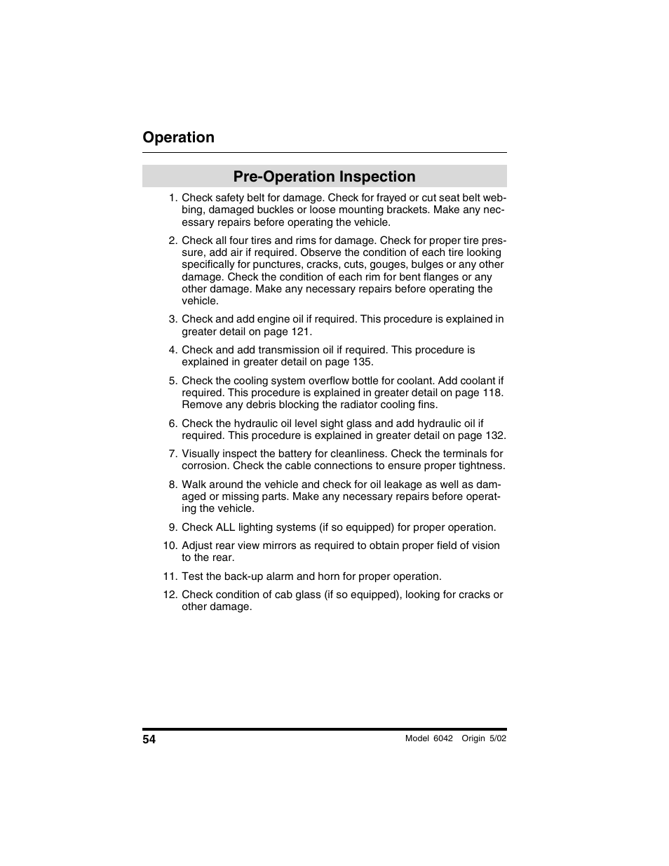 Pre-operation inspection, Operation | SkyTrak 6042 Operation Manual User Manual | Page 56 / 188