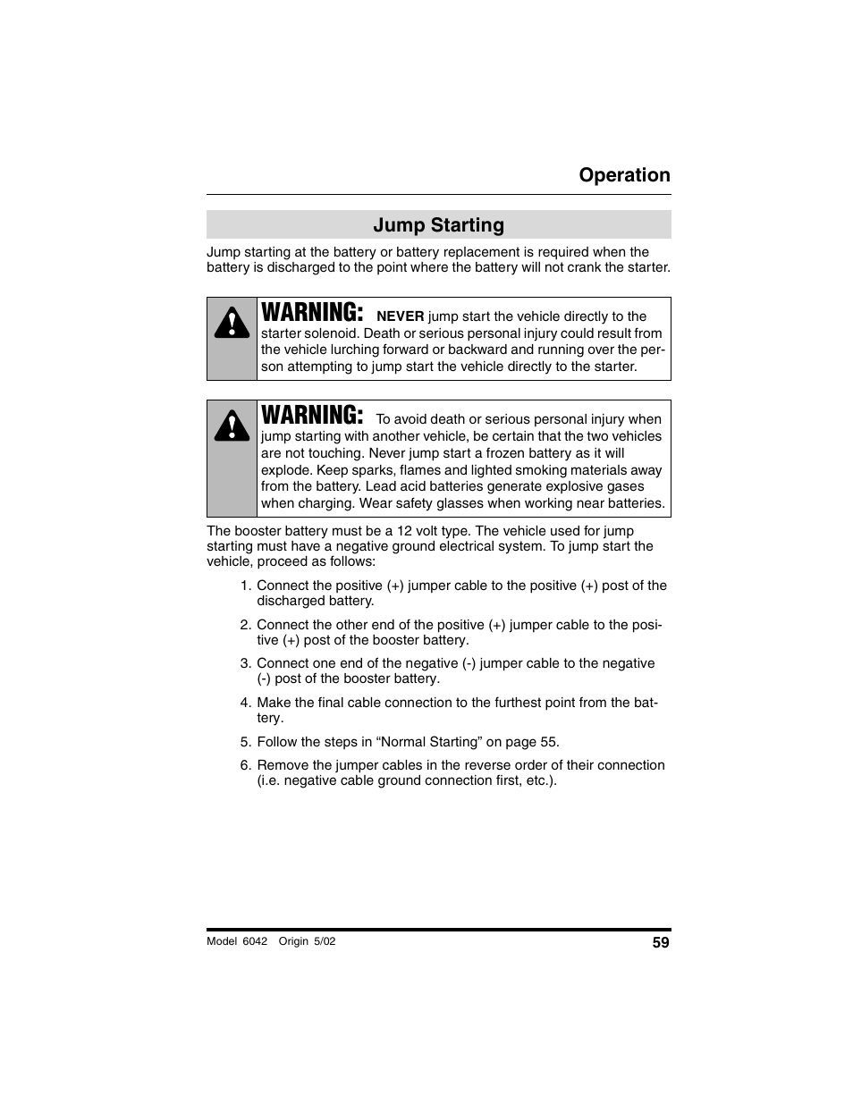 Jump starting, Warning, Operation | SkyTrak 6042 Operation Manual User Manual | Page 61 / 188