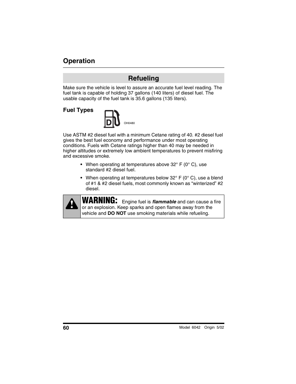 Refueling, Fuel types, Warning | Operation | SkyTrak 6042 Operation Manual User Manual | Page 62 / 188