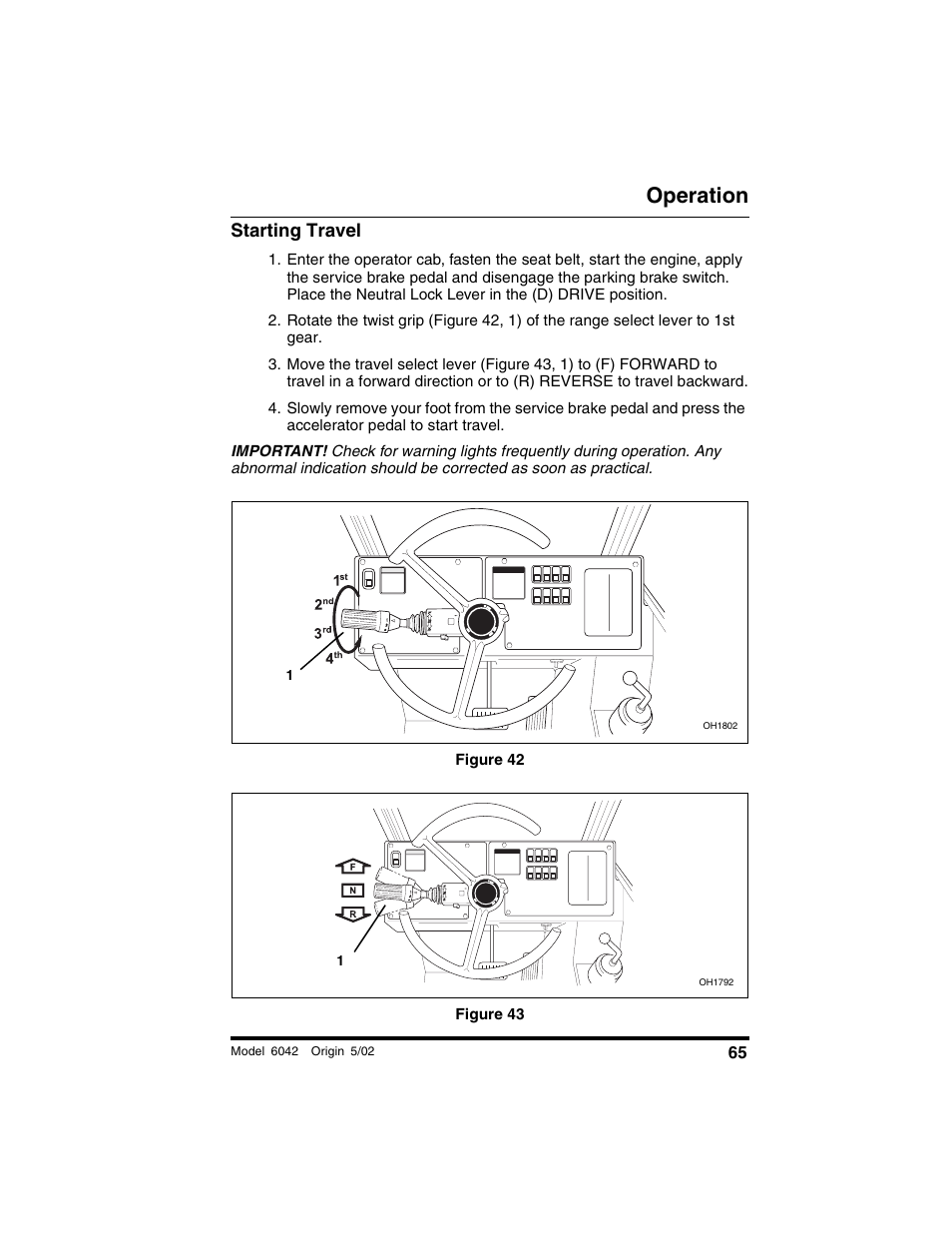 Starting travel, Figure 42, Figure 43 | Operation | SkyTrak 6042 Operation Manual User Manual | Page 67 / 188