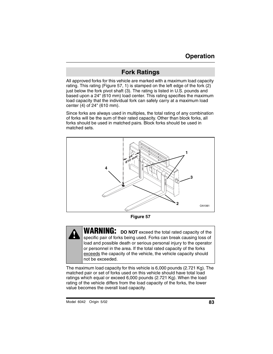 Fork ratings, Figure 57, Warning | Operation | SkyTrak 6042 Operation Manual User Manual | Page 85 / 188