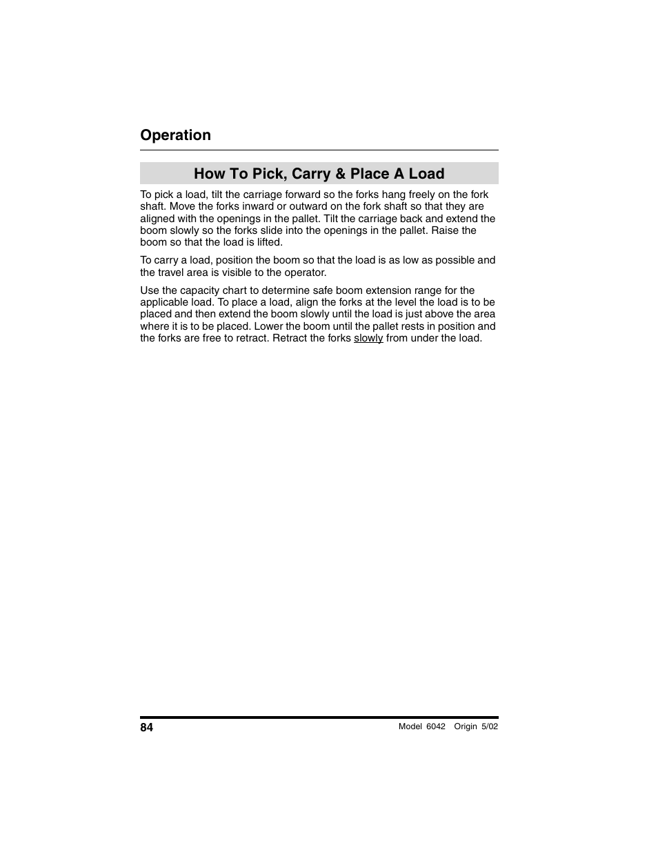 How to pick, carry & place a load, How to pick, carry & place a, Load | Operation | SkyTrak 6042 Operation Manual User Manual | Page 86 / 188